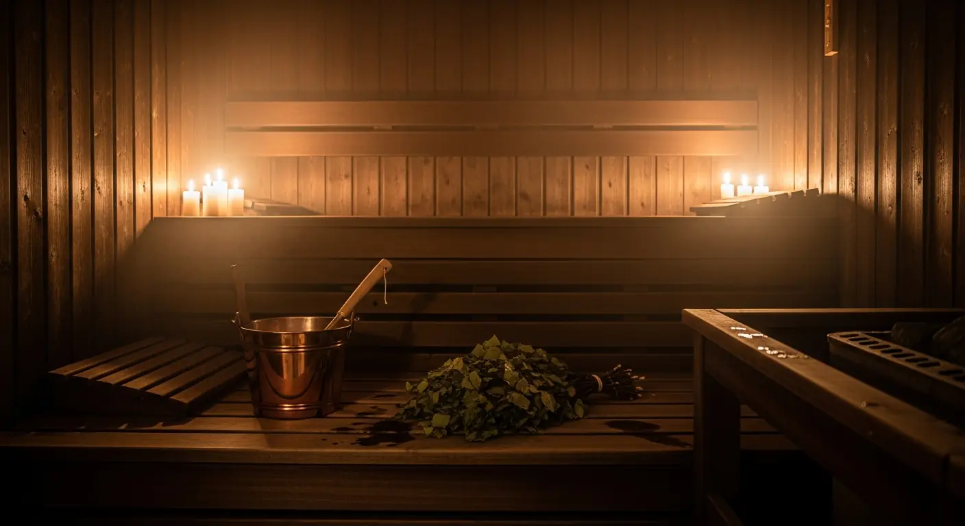 Warm beleuchtete Holzsauna mit Aufgusskübel